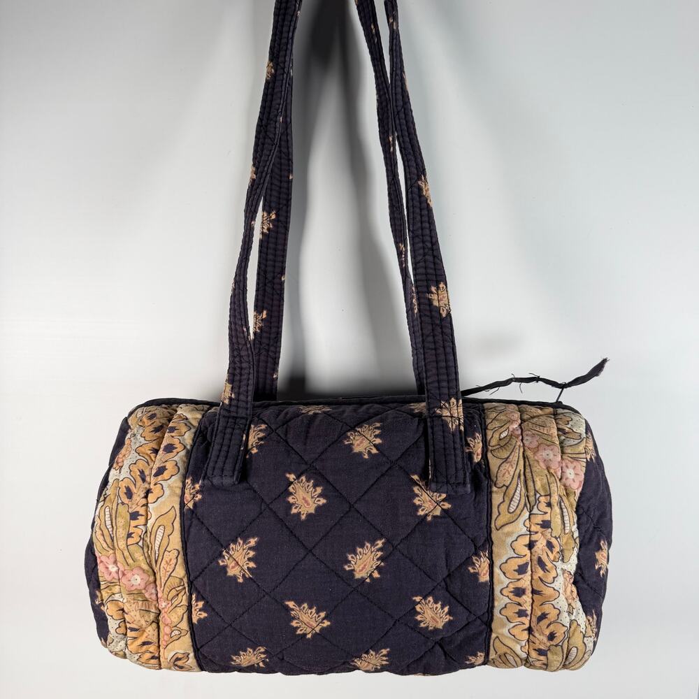 Vintage Les Olivades France Quilted Floral Barrel Handbag Navy